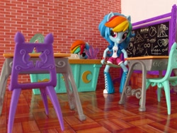 Size: 2000x1500 | Tagged: safe, artist:whatthehell!?, derpibooru import, rainbow dash, equestria girls, chair, chalkboard, classroom, clothes, desk, doll, equestria girls minis, eqventures of the minis, gem, irl, knife, photo, ponied up, toy, ultraminis