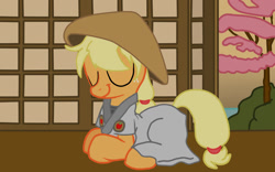 Size: 1024x640 | Tagged: safe, artist:gregeyman555, applejack, earth pony, pony, clothes, conical hat, crossover, eyes closed, hat, prone, samurai applejack, samurai jack, solo