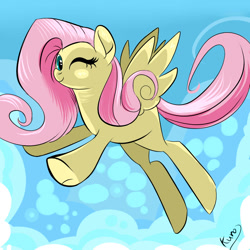 Size: 1000x1000 | Tagged: safe, artist:kuro-kunthekiller, fluttershy, pegasus, pony, flying, solo, wink