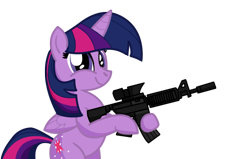 Size: 827x525 | Tagged: safe, artist:pananovich, derpibooru import, twilight sparkle, twilight sparkle (alicorn), alicorn, pony, ar15, female, gun, mare, rifle, simple background, solo, transparent background, twiface, vector, weapon, wrong neighborhood