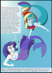 Size: 2124x2955 | Tagged: safe, artist:physicrodrigo, derpibooru import, edit, editor:rmzero, part of a series, part of a set, rainbow dash, rarity, angler fish, mermaid, series:equestria mermaids, equestria girls, clothes, curse, cursed, dialogue, dress, gills, grin, jewelry, mermaidized, midriff, necklace, ocean, pearl, pearl necklace, smiling, species swap, text