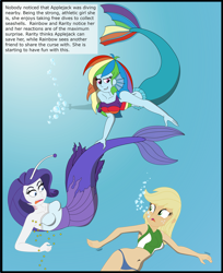 Size: 2683x3296 | Tagged: safe, artist:physicrodrigo, derpibooru import, edit, editor:rmzero, part of a series, part of a set, applejack, rainbow dash, rarity, angler fish, mermaid, series:equestria mermaids, equestria girls, belly button, bikini, bikini bottom, bikini top, bubble, clothes, curse, cursed, dialogue, dress, gills, grin, jewelry, mermaidized, midriff, necklace, ocean, pearl, pearl necklace, smiling, species swap, submarine, surprised, swimsuit, text