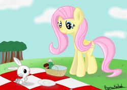 Size: 2480x1748 | Tagged: safe, artist:bigmackintosh, angel bunny, fluttershy, pegasus, pony, picnic, print