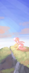 Size: 1020x2500 | Tagged: safe, artist:jpnshiroku, fluttershy, pegasus, pony, cliff, outdoors, rear view, solo, windswept mane