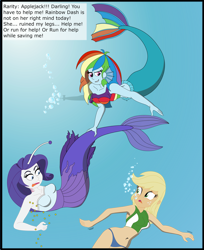 Size: 2683x3296 | Tagged: safe, artist:physicrodrigo, derpibooru import, edit, editor:rmzero, part of a series, part of a set, applejack, rainbow dash, rarity, angler fish, mermaid, series:equestria mermaids, equestria girls, belly button, bikini, bikini bottom, bikini top, bubble, clothes, curse, cursed, dialogue, dress, gills, grin, jewelry, mermaidized, midriff, necklace, ocean, pearl, pearl necklace, smiling, species swap, submarine, surprised, swimsuit