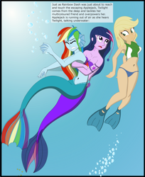 Size: 2683x3296 | Tagged: safe, artist:physicrodrigo, derpibooru import, edit, editor:rmzero, part of a series, part of a set, applejack, rainbow dash, twilight sparkle, angler fish, mermaid, series:equestria mermaids, equestria girls, belly button, bikini, bikini bottom, bikini top, bubble, clothes, confused, curse, cursed, cutie mark, dialogue, gills, jewelry, mermaidized, midriff, necklace, ocean, shell, shell bra, smiling, species swap, swimsuit, text