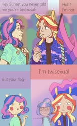 Size: 1000x1624 | Tagged: safe, artist:theorderofalisikus, bon bon, sci-twi, sunset shimmer, sweetie drops, twilight sparkle, human, equestria girls, bisexual pride flag, bisexuality, blush sticker, blushing, blushing profusely, comic, eared humanization, female, flag, human coloration, humanized, lesbian, pride, pride flag, pun, scitwishimmer, shipping, sunsetsparkle, super deformed