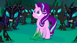 Size: 1440x810 | Tagged: safe, screencap, starlight glimmer, thorax, changeling, pony, unicorn, to where and back again, changeling guard, changeling slime, disguise, disguised changeling, fake starlight glimmer, female, mare, slime, stuck