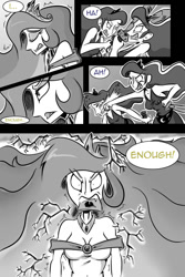 Size: 800x1200 | Tagged: safe, artist:tigerdehavilland, princess celestia, princess luna, human, ask two royal sisters, clothes, dress, fight, humanized, monochrome, traditional royal canterlot voice, tumblr comic