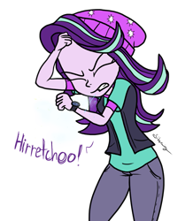 Size: 835x957 | Tagged: safe, artist:rainberry, artist:silverwing, starlight glimmer, equestria girls, clothes, female, hat, jeans, nostrils, pants, sneeze cloud, sneeze spray, sneezing, watch