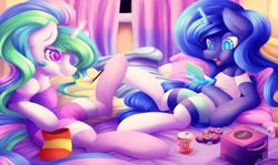 Size: 3576x2134 | Tagged: safe, artist:zodiacnicola, princess celestia, princess luna, alicorn, pony, 3ds, bed, clothes, controller, gamecube, gamecube controller, magic, pillow, shorts, socks, telekinesis