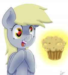 Size: 2000x2200 | Tagged: safe, artist:chikiz65, derpy hooves, pegasus, pony, colored, food, happy, heart, heart eyes, muffin, shading, signature, simple background, solo, surprised, white background, wingding eyes