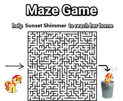 Size: 1249x1024 | Tagged: safe, sunset shimmer, abuse, background pony strikes again, downvote bait, maze game, meme, op is a cuck, op is trying to start shit, op isn't even trying anymore, shimmerbuse, sunset shimmer's trash can, text, trash can