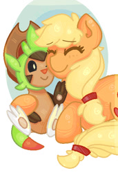 Size: 362x529 | Tagged: safe, artist:hollyhooves, applejack, earth pony, pony, chespin, crossover, hug, pokémon