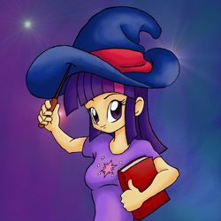 Size: 1800x1800 | Tagged: safe, artist:yajiko92, derpibooru import, twilight sparkle, human, book, hat, humanized, solo, wand, wizard