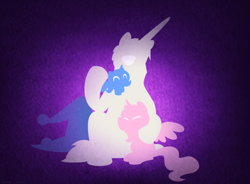 Size: 1024x755 | Tagged: safe, artist:faith-wolff, princess celestia, princess luna, star swirl the bearded, alicorn, pony, unicorn, fanfic:the bridge, cewestia, cute, eyes closed, father's day, female, filly, foal, happy, hug, male, purple background, simple background, smiling, stallion, toddler, trio, woona, younger