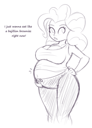 Size: 1390x1935 | Tagged: safe, artist:funble, pinkie pie, equestria girls, belly, big belly, breasts, clothes, dialogue, female, monochrome, pants, preggy pie, pregnant, pregnant equestria girls, sketch, solo