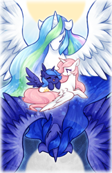 Size: 660x1020 | Tagged: safe, artist:mousu, princess celestia, princess luna, alicorn, pony, eyes closed, filly, spread wings, woona, younger