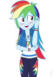 Size: 2347x3258 | Tagged: safe, artist:ilaria122, derpibooru import, rainbow dash, better together, equestria girls, blushing, clothes, cute, dashabetes, embarrassed, geode of super speed, looking away, magical geodes, nervous, open mouth, pants, shirt, simple background, solo, sweatshirt, t-shirt, transparent background, vector, wristband