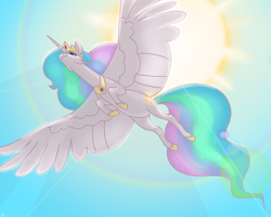 Size: 1000x800 | Tagged: safe, artist:janegumball, princess celestia, alicorn, pony, backlighting, crepuscular rays, female, flying, large wings, low angle, majestic, mare, sky, solo, spread wings, sun, wings