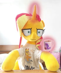 Size: 800x960 | Tagged: safe, artist:ec31314, sunset shimmer, earth pony, pony, unicorn, marks for effort, empathy cocoa, glowing horn, i mean i see, irl, magic, meme, photo, plushie, solo, telekinesis