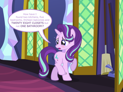 Size: 8000x6000 | Tagged: safe, artist:ithinkitsdivine, starlight glimmer, pony, unicorn, absurd resolution, blushing, broom, broom closet, cute, desperation, dialogue, dustpan, female, fetish, lost, need to pee, omorashi, potty dance, potty emergency, potty time, raised hoof, show accurate, solo, sweat, trotting, trotting in place, twilight's castle, worried