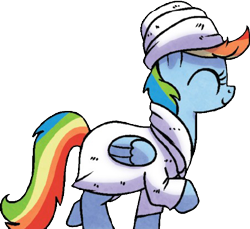 Size: 437x401 | Tagged: safe, artist:agnesgarbowska, derpibooru import, idw, rainbow dash, pegasus, pony, spoiler:comic, spoiler:comicponyvillemysteries4, background removed, bathrobe, clothes, cute, female, mare, official comic, ponyville mysteries, robe, simple background, solo, towel, transparent background