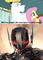 Size: 640x896 | Tagged: safe, bulk biceps, fluttershy, pegasus, pony, robot, rainbow falls, avengers: age of ultron, blonde, blonde mane, blonde tail, blue eyes, curtain, ear piercing, exploitable meme, female, looking to side, looking to the right, male, mare, marvel, marvel cinematic universe, marvel comics, meme, open mouth, piercing, pink mane, pink tail, red eyes, replacement meme, smiling, spread wings, stallion, text, ultron, white coat, wings, yellow coat