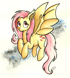 Size: 895x1000 | Tagged: safe, artist:helicityponi, fluttershy, bat pony, pony, cute, cute little fangs, fangs, female, flutterbat, flying, mare, race swap, solo