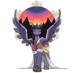 Size: 800x800 | Tagged: safe, artist:idrawweeklypony, derpibooru import, twilight sparkle, twilight sparkle (alicorn), alicorn, pony, clothes, coronation dress, dress, dusk, female, frame, large wings, mare, partial background, silhouette, solo, spread wings, sunset, twilight (astronomy)