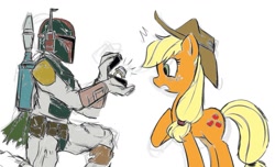 Size: 1345x817 | Tagged: safe, artist:herny, applejack, human, blushing, boba fett, bobajack, colored, crack shipping, crossover shipping, female, male, marriage proposal, ring, star wars, straight
