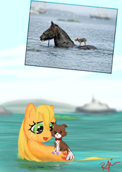 Size: 2480x3508 | Tagged: safe, artist:zeroponydement, applejack, winona, dog, earth pony, horse, pony, comparison, hatless, missing accessory, photo, ponified, ponified animal photo