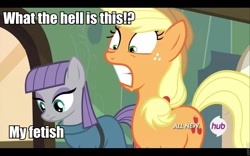 Size: 960x600 | Tagged: safe, edit, edited screencap, screencap, applejack, maud pie, earth pony, pony, maud pie (episode), caption, fetish, hub logo, image macro, meme, reaction image, shocked, that is my fetish