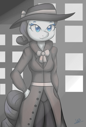 Size: 1689x2477 | Tagged: safe, artist:wolfy-pony, rarity, anthro, rarity investigates, clothes, detective rarity, grayscale, hat, limited palette, monochrome, neo noir, partial color, solo, trenchcoat