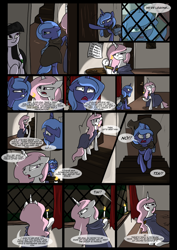 Size: 1240x1754 | Tagged: safe, artist:lunarcakez, princess celestia, princess luna, oc, oc:june, alicorn, pony, comic:the origins of hollow shades, comic, pink-mane celestia, younger