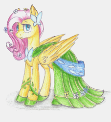 Size: 751x827 | Tagged: safe, artist:galaxytwentysix, fluttershy, butterfly, pegasus, pony, clothes, dress, female, flower in hair, gala dress, looking at you, mare, simple background, solo, traditional art, white background