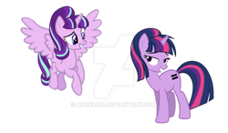 Size: 900x524 | Tagged: safe, artist:angel569, starlight glimmer, twilight sparkle, unicorn twilight, alicorn, pony, unicorn, alicornified, alternate timeline, alternate universe, deviantart watermark, equal cutie mark, female, mare, obtrusive watermark, race swap, role reversal, simple background, starlicorn, transparent background, watermark, xk-class end-of-the-world scenario