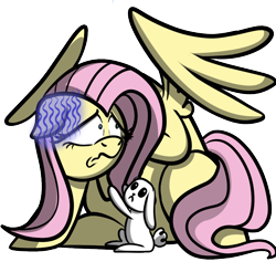 Size: 874x830 | Tagged: safe, artist:razya, angel bunny, fluttershy, pegasus, pony, rabbit, female, mare, pet, pink mane, yellow coat