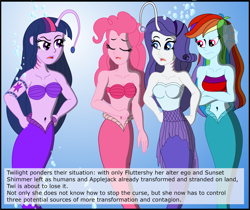 Size: 3617x3043 | Tagged: safe, artist:physicrodrigo, derpibooru import, edit, editor:rmzero, part of a series, part of a set, pinkie pie, rainbow dash, rarity, twilight sparkle, angler fish, mermaid, series:equestria mermaids, equestria girls, angry, belly button, bubble, clothes, confused, curse, cursed, cutie mark, dialogue, dress, eyes closed, frown, gills, implied applejack, implied fluttershy, implied sci-twi, implied sunset shimmer, mermaidized, midriff, ocean, open mouth, shell, shell bra, species swap