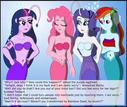 Size: 3617x3043 | Tagged: safe, artist:physicrodrigo, derpibooru import, edit, editor:rmzero, part of a series, part of a set, pinkie pie, rainbow dash, rarity, twilight sparkle, angler fish, mermaid, series:equestria mermaids, equestria girls, angry, belly button, bubble, clothes, confused, curse, cursed, cutie mark, dialogue, dress, eyes closed, frown, gills, implied applejack, mermaidized, midriff, ocean, open mouth, shell, shell bra, species swap