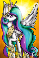 Size: 1024x1536 | Tagged: safe, artist:pxoenix2014, princess celestia, alicorn, pony, crown, female, horn, mare, multicolored mane, multicolored tail, solo, white coat, white wings, wings