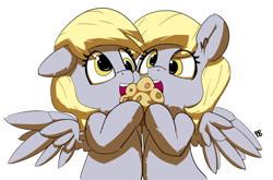 Size: 1280x844 | Tagged: safe, artist:pabbley, derpy hooves, pony, cute, derpabetes, duality, eating, food, muffin, self ponidox, simple background, white background