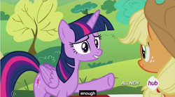 Size: 854x472 | Tagged: safe, screencap, applejack, twilight sparkle, twilight sparkle (alicorn), alicorn, earth pony, pony, female, hub logo, mare, meme, youtube caption