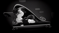 Size: 1920x1080 | Tagged: safe, screencap, rarity, pony, unicorn, rarity investigates, female, horn, monochrome