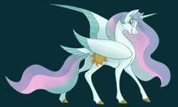 Size: 1280x769 | Tagged: safe, artist:secretstabby, princess celestia, alicorn, pony, female, horn, mare, missing accessory, multicolored mane, multicolored tail, solo, white coat, white wings, wings