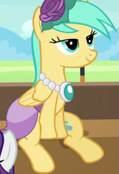 Size: 369x539 | Tagged: safe, screencap, rarity, sunshower raindrops, pegasus, pony, unicorn, rarity investigates, alternative cutie mark placement, animation error, inner thigh cutie mark, out of context, sitting, solo