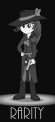 Size: 2203x4914 | Tagged: safe, artist:zacatron94, rarity, equestria girls, rarity investigates, boots, clothes, detective, detective rarity, gun, handgun, hat, m1911, monochrome, noir, pistol, solo, weapon