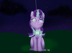 Size: 1557x1152 | Tagged: safe, artist:auradashiepie, starlight glimmer, pony, unicorn, glowing horn, kite, kite flying, looking up, night, smiling, solo, that pony sure does love kites