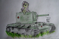 Size: 1024x685 | Tagged: safe, artist:blueboxdave, fluttershy, pegasus, pony, duckface, flutterbitch, kv-2, tank (vehicle)