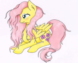 Size: 768x622 | Tagged: safe, artist:klarapl, fluttershy, pegasus, pony, folded wings, looking down, profile, prone, simple background, solo, traditional art
